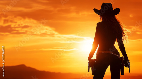 Silhouetted cowgirl holding pistols at sunset, evoking strength and adventure.