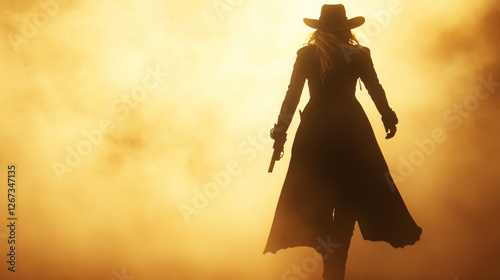 Silhouetted female gunslinger walking through golden haze, exuding confidence and mystery. photo