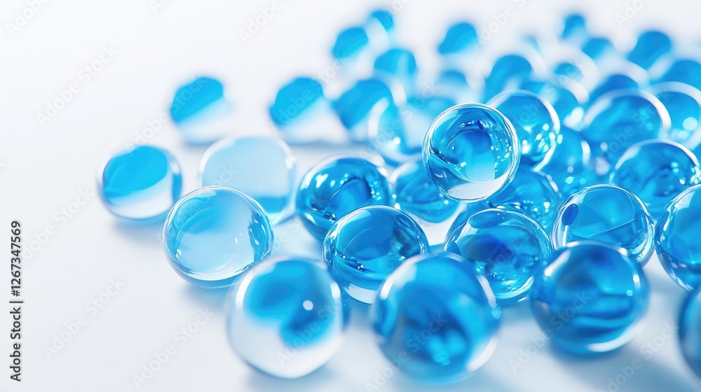 A collection of blue glass marbles scattered on a white surface A collection of blue glass marbles scattered on a white surface