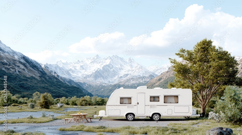 Campervan parked near mountains, picnic table, travel Campervan parked near mountains, picnic table, travel