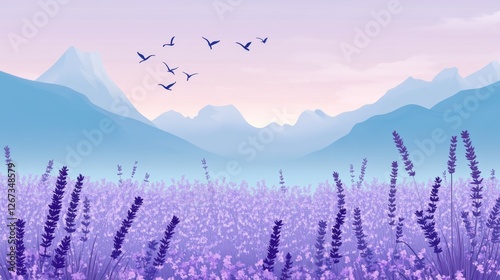 A blooming lavender field with purple plants, distant mountains, and flying birds in the sky. A serene and minimalistic nature landscape in a vector illustration style, evoking tranquility.