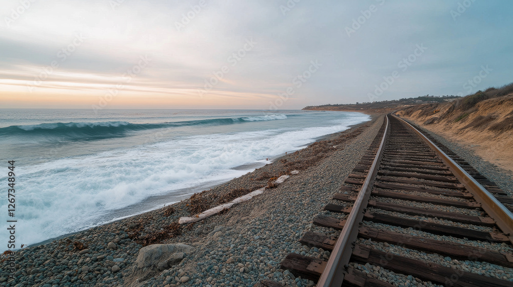 Waves gently crash against the shore while wooden railway tracks stretch along the beach. The sky transitions to dusk, casting a serene ambiance on the scenic coastal view Waves gently crash against the shore while wooden railway tracks stretch along the beach. The sky transitions to dusk, casting a serene ambiance on the scenic coastal view