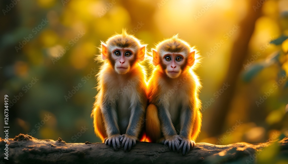 Fototapeta premium Golden hour portrait of two adorable baby monkeys perched on a branch