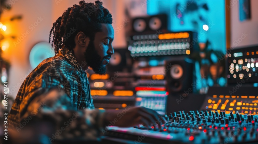 Obraz premium Audio specialist working in a control room, optimizing music tracks with digital tools