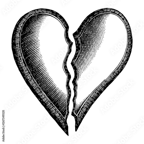 Fractured Broken Heart with Detailed Glass Pieces Black and White Outline Line Art Drawing