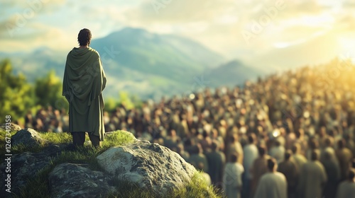 Jesus is standing in front of a crowd. A parable of jesus on the mountain. A generative illustration of nature. Jesus is positioned before a group lifestyle of people.