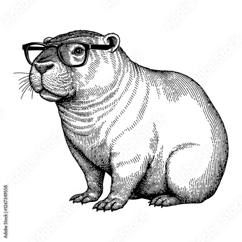 Capybara Wearing Glasses with Detailed Engraving Black and White Outline Line Art Drawing