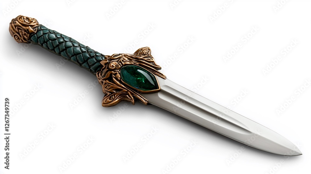 Fantasy Dagger with Dragon Scale Engraving and Green Jewel on White