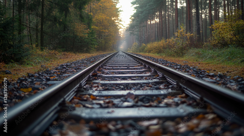 Fototapeta premium Parallel railway tracks stretch into the distance through a serene forest, adorned with autumn leaves. Soft morning light filters through the trees, creating a tranquil atmosphere