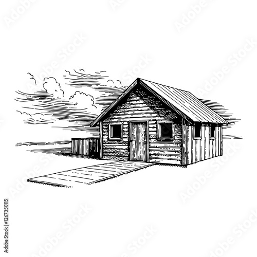 Seaside Hut with Wooden Boardwalk Black and White Outline Line Art Drawing Illustration