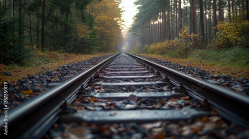 Parallel railway tracks stretch into the distance through a serene forest, adorned with autumn leaves. Soft morning light filters through the trees, creating a tranquil atmosphere