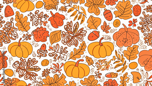 Autumn Seamless Pattern With Orange Pumpkins with Colourful Leaves and Berries