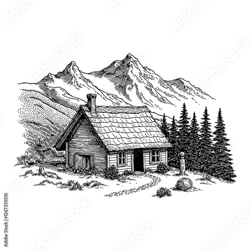 Cabin in Mountain Landscape Black and White Detailed Illustration Outline Line Art Drawing 