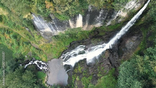 Aerial top shot of beautiful waterfall in a forest in Turkey