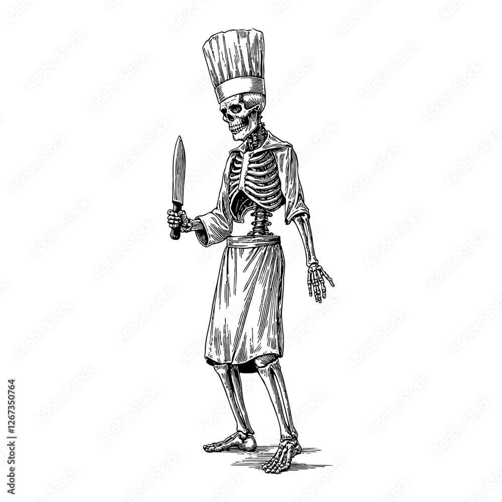 Obraz premium Skeleton Chef Holding Knife in Detailed Black and White Outline Line Art Drawing