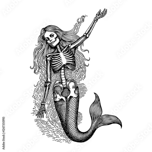 Vintage Mermaid Skeleton with Long Hair in Black and White Outline Line Art Drawing