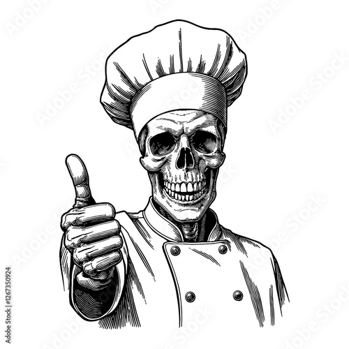 Skeleton Chef Thumbs Up Pose Detailed Black and White Outline Line Art Drawing Illustration