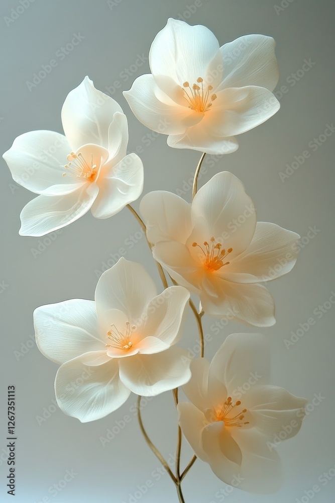 Obraz premium Delicate, Translucent White Sculpted Blossoms with Subtle Yellow Centers on Thin Gold Stem