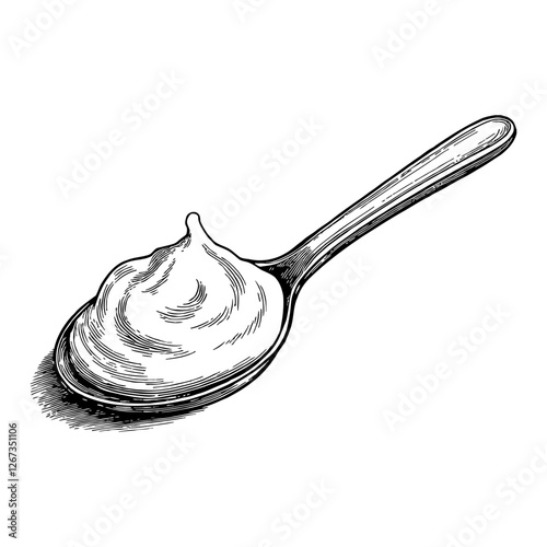 Spoonful of Creamy Yogurt Detailed Black and White Outline Line Art Drawing Illustration 