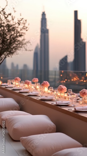 Romantic dinner table setup overlooking Dubai skyline at sunset