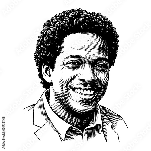 Smiling African Man Portrait Detailed Black and White Outline Line Art Drawing Style Illustration