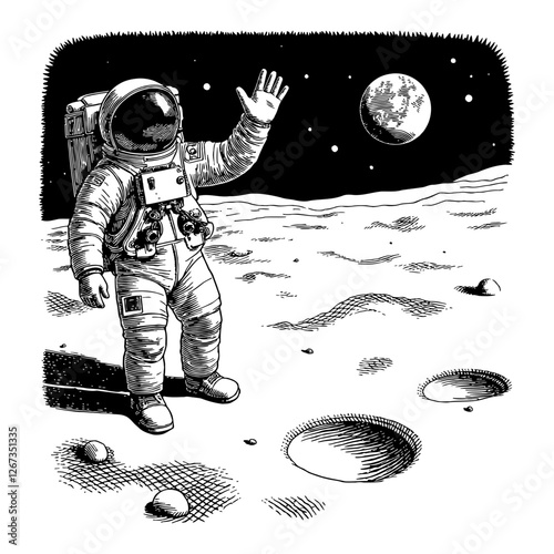 Astronaut Waving Hand on Moon Surface Black and White Outline Line Art Drawing