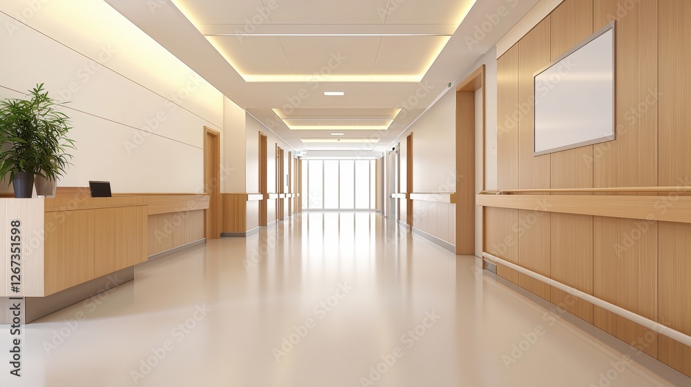 Fototapeta premium A modern hospital corridor featuring wooden panels, bright lighting, and a welcoming reception area.