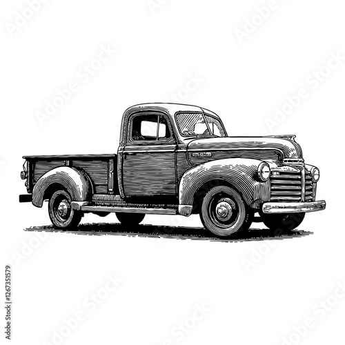 Classic Old Pickup Truck Side View Detailed Black and White Outline Line Art Drawing