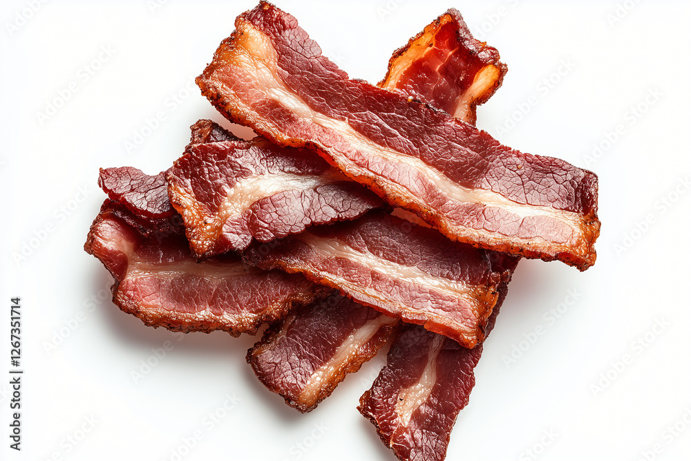 Crispy Bacon Strips: A tempting close-up shot of several crispy strips of cooked bacon, showcasing their rich brown color and appealing texture. Perfect for food blogs, restaurant menus. Crispy Bacon Strips: A tempting close-up shot of several crispy strips of cooked bacon, showcasing their rich brown color and appealing texture. Perfect for food blogs, restaurant menus.