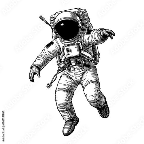 Floating Astronaut in Space Suit Detailed Black and White Outline Line Art Drawing