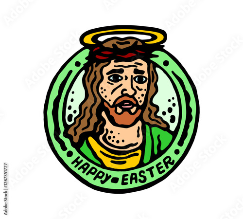 Colored stamp with the image of the resurrected Jesus Christ with a halo and a crown of thorns, with the caption Happy Easter