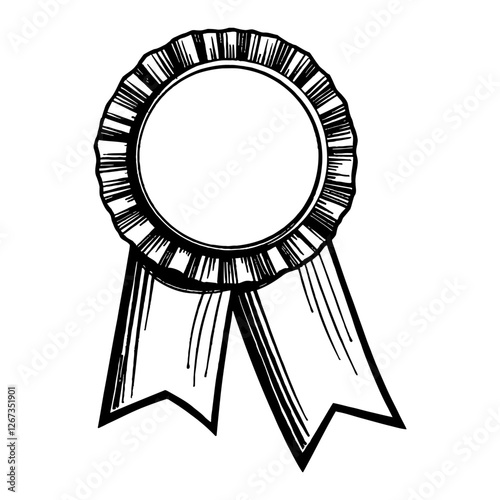 Award Ribbon Badge in Black and White Vintage Style Detailed Outline Line Art Drawing