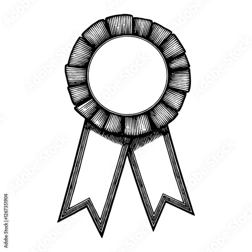 Award Ribbon with Rosette and Ribbon in Black and White Detailed Outline Line Art Drawing