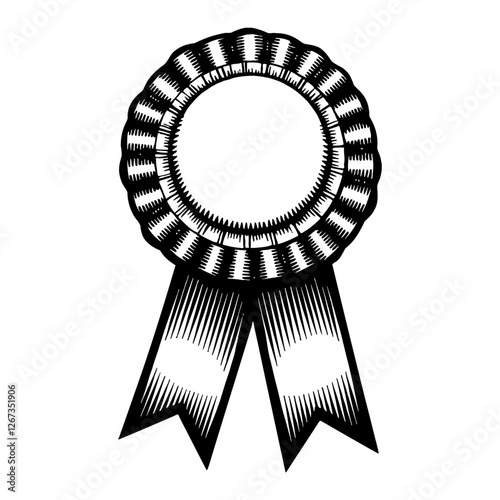 Award Ribbon Rosette Black and White Outline Line Art Drawing Badge Success Achievement Win Design