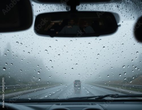 Raindrops on the car windshield with a foggy road ahead, windshield wipers at rest, and a moody overcast sky, creating an atmospheric, textured scene
Generative AI