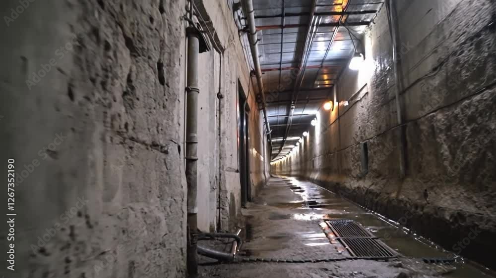 Illuminated Dark Underground Tunnel Gritty Concrete Atmosphere with Flowing Sewage and Industrial Elements Illuminated Dark Underground Tunnel Gritty Concrete Atmosphere with Flowing Sewage and Industrial Elements