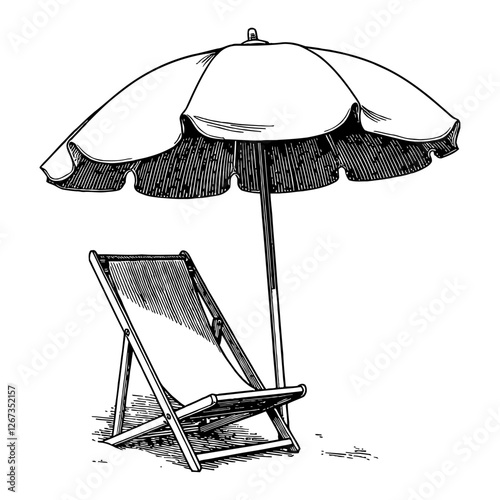 Vintage Beach Scene with Umbrella and Chair Black and White Outline Line Art Drawing
