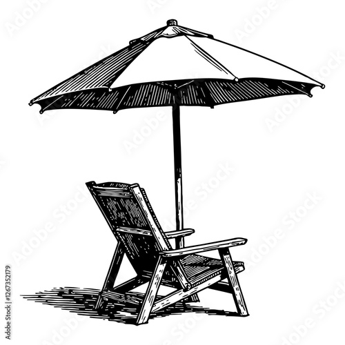 Isolated Beach Chair and Umbrella in Black and White Detailed Outline Line Art Drawing