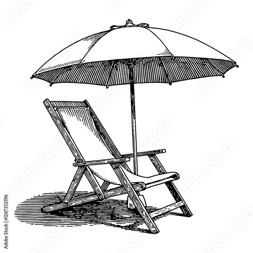 Beach Umbrella and Chair in Black and White Vintage Style Outline Line Art Drawing Graphic