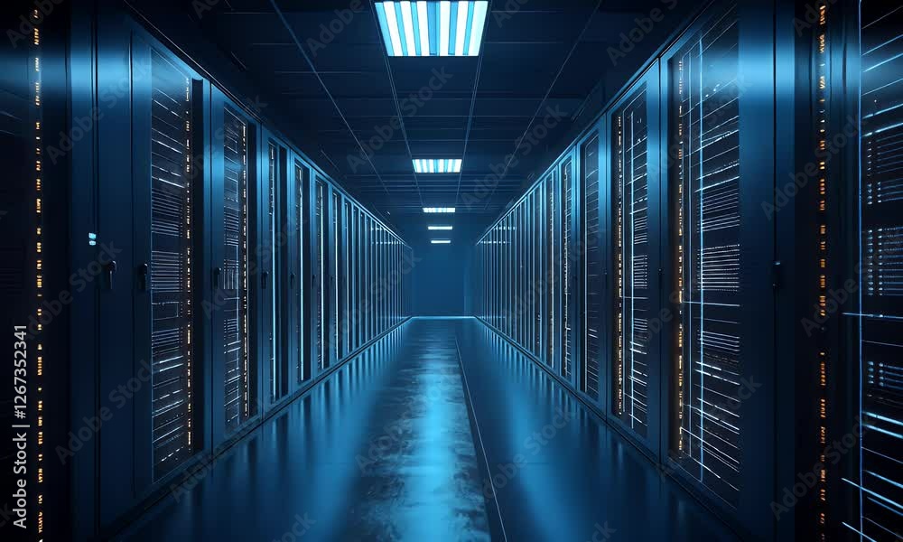 Dark server room corridor, glowing data, technology infrastructure, digital security