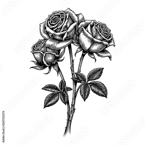 Roses Bouquet Floral Blossom with Black and White Outline Line Art Drawing Illustration