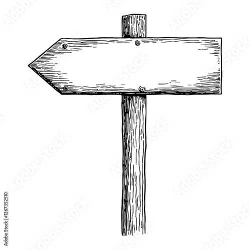 Blank Wooden Signpost Arrow in Black and White Vintage Detailed Outline Line Art Drawing
