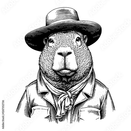 Capybara Animal Head Humanoid in Cowboy Hat Detailed Black and White Outline Line Art Drawing