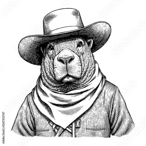 Portrait of Capybara Humanoid Wearing Cowboy Hat Costume Black and White Outline Line Art Drawing