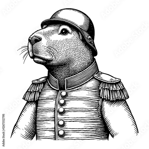 Capybara Humanoid with Military Costume and Helmet Black and White Outline Line Art Drawing