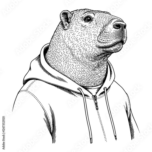 Capybara Head with Hoodie Fashionable Humanoid Black and White Outline Line Art Drawing