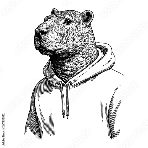 Capybara Animal Head Humanoid Wearing Hoodie in Black and White Outline Line Art Drawing