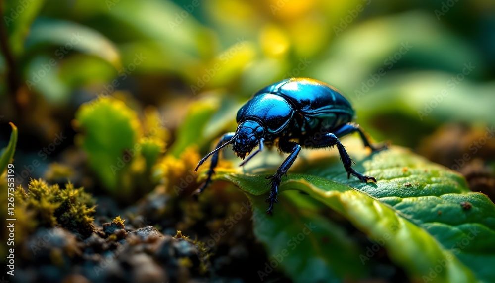 Iridescent beetle crawling across foliage in a vibrant garden scene Iridescent beetle crawling across foliage in a vibrant garden scene