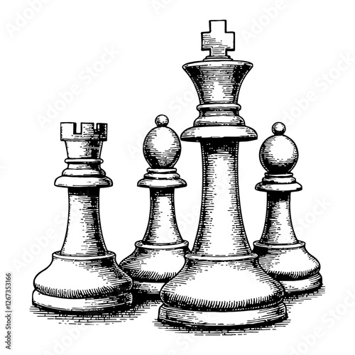 Chess Pieces King Rook Bishop in Detailed Black and White Outline Line Art Drawing Illustration