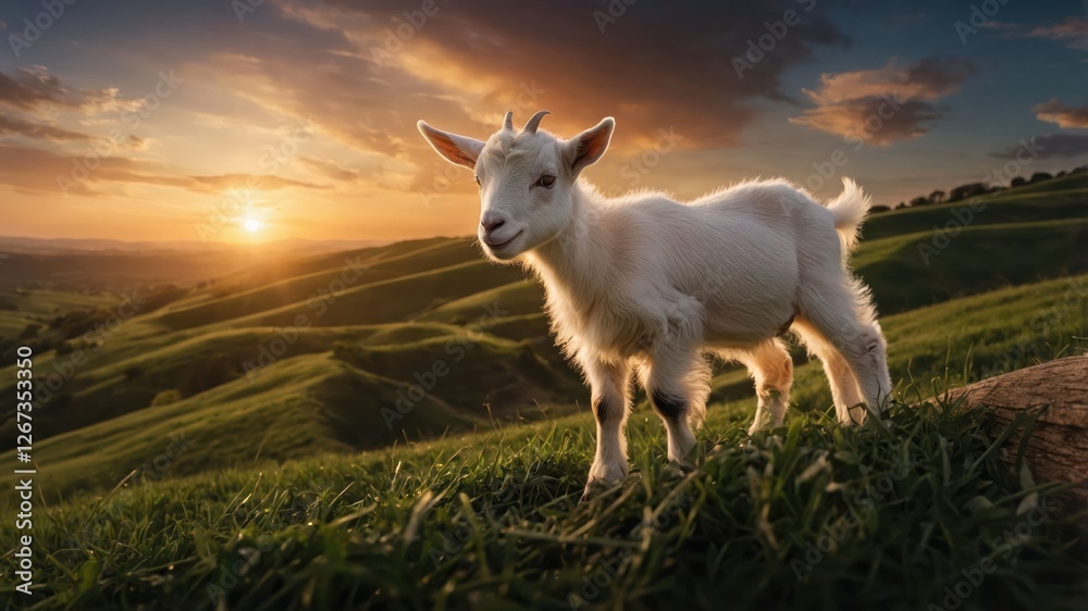 A playful goat stands in a lush green field at sunset, capturing a serene rural moment. A playful goat stands in a lush green field at sunset, capturing a serene rural moment.